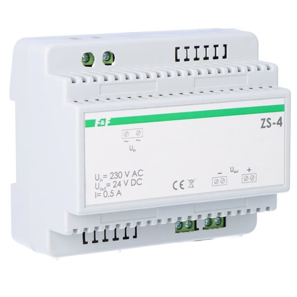 Transformatorströmförsörjning ZS-4, ingångsspänning 230V AC, utgångsspänning 5, 12, 15, 18, 24, 48 V DC, P=12W, 6 moduler