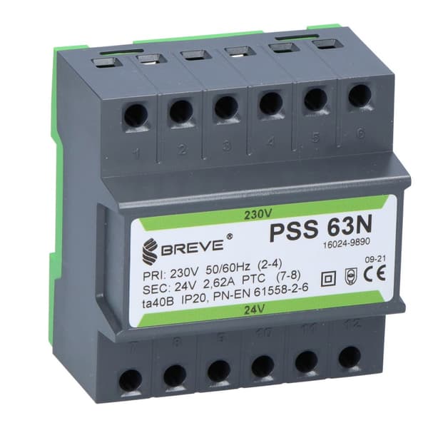 Enfaset transformer PSS 63N 230/24V IP30 til DIN-skinne TH-35 i modulært hus