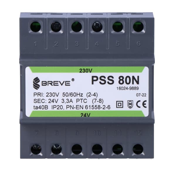 Enfastransformator PSS 80N 230/24V IP30 för DIN-skena TH-35 i modulärt hölje