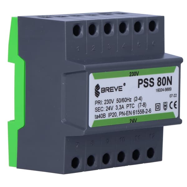 Enfastransformator PSS 80N 230/24V IP30 för DIN-skena TH-35 i modulärt hölje