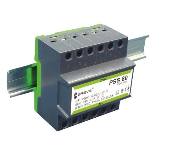 Enfastransformator PSS 80N 230/24V IP30 för DIN-skena TH-35 i modulärt hölje