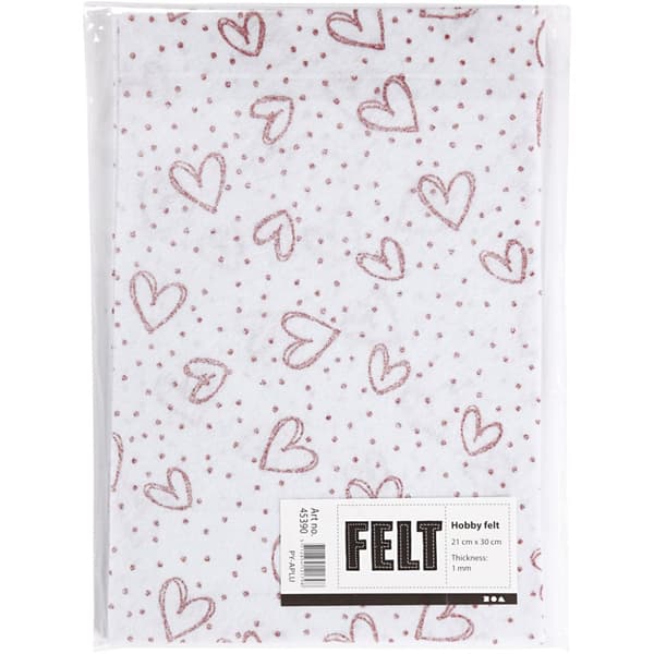 Hobbyfilt - A4 - Vitt Rött - Glitter Hjärtan Prickar - 10 ark