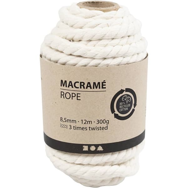 Makramésnöre Rep - 8,5 mm - Råvit - 12 meter