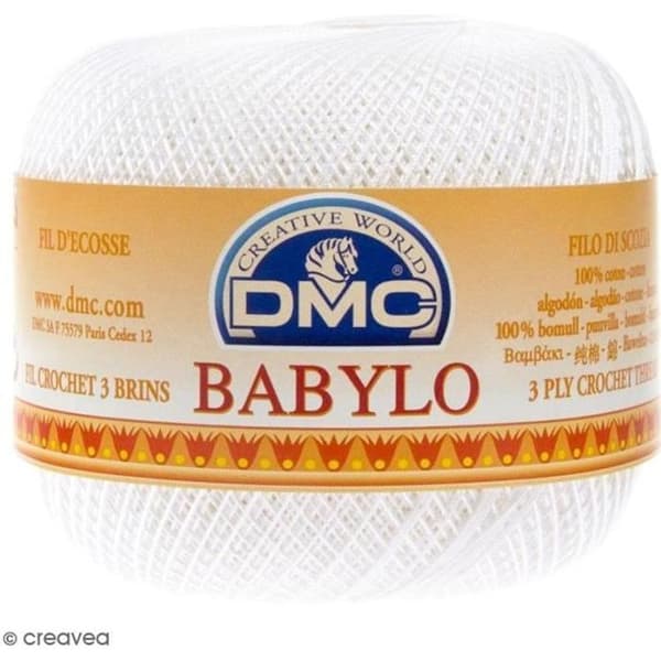 Fil DMC Babylo 20 - Olika färger - 100 g Nystan DMC Babylo: Färg: Vit Material: 100% bomull Tråd 3 trådar Tjocklek: 20