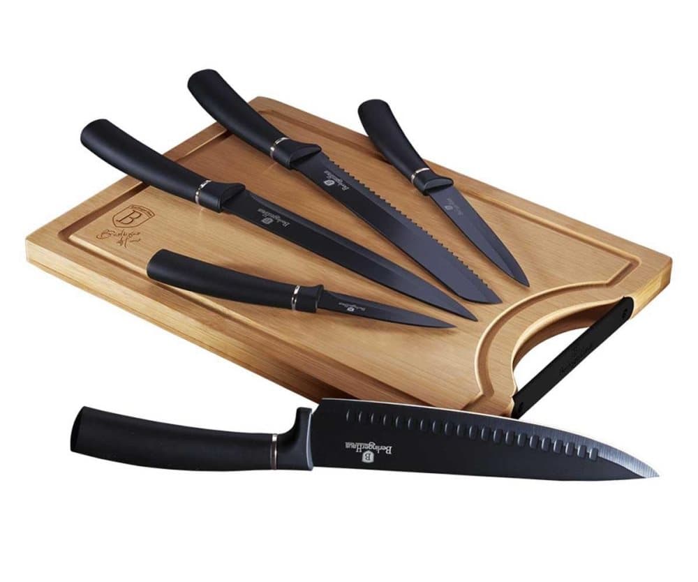 En uppsättning av 5 köksknivar med Berlinger Haus BH-2549-bräde