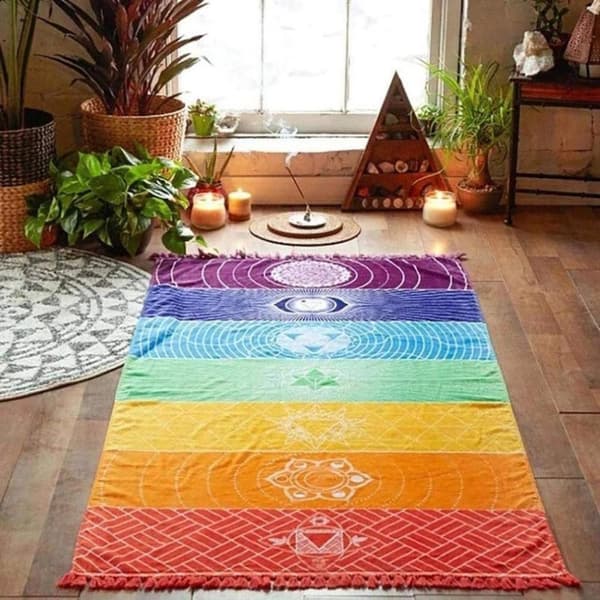 150 cm x 70 cm flerfärgad yogafilt, randig meditationsmatta med fransar