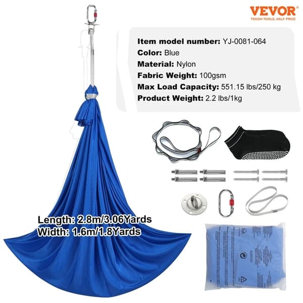 Aerial Yoga Hammock Sæt, 250 kg Vægtkapacitet, Inkluderer Yoga Sokker & Loftmontering, Lilla 2,8x1,5m