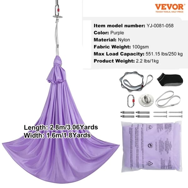 Aerial Yoga Hammock Sæt, 250 kg Vægtkapacitet, Inkluderer Yoga Sokker & Loftmontering, Lilla 2,8x1,5m