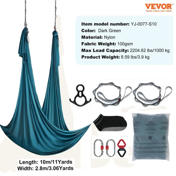Aerial Yoga Hængekøje, Nylonstof, Maksimal Belastning 1000 kg, 8m Længde,grøn 10x2.8m