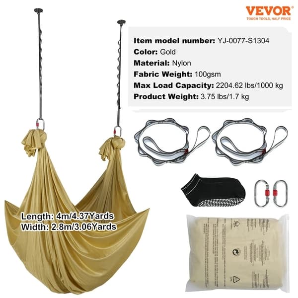 Aerial Yoga Hammock Set, 1000 kg Viktkapacitet, Anti-Gravity Övningar, guld 4x2,8m