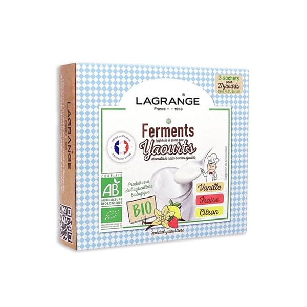 Ferment för smaksatta yoghurts - Lagrange - Vanilj-Jordgubb-Citron - Ekologisk - 27 yoghurts per förpackning