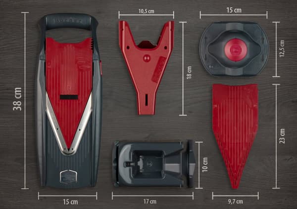 Borner Vital grönsaksskärare professionellt set röd/svart, med dressingfunktion, inkl mandolin, frukthållare, marineringsrulle, 2x knivinsatser, slide