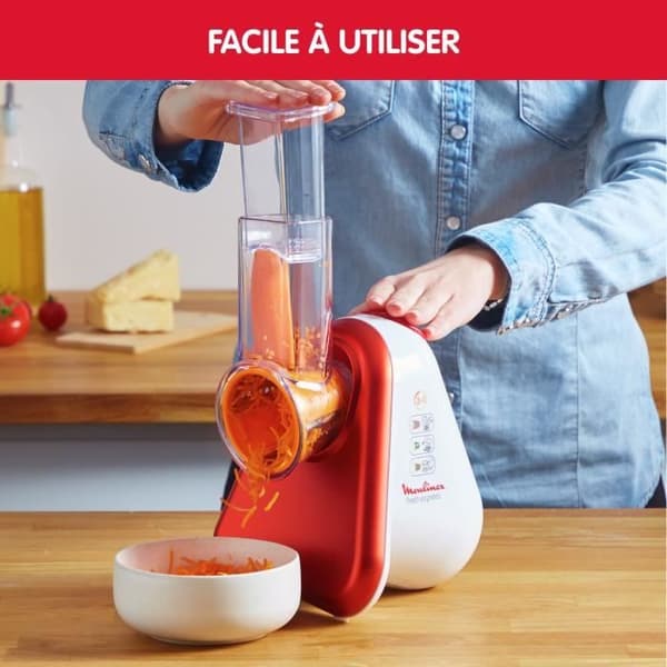 MOULINEX Fresh Express Elektrisk grönsaksskärare, 3-i-1 rivjärn, Färgade kottar, Stor ränna, Made in France DJ753510