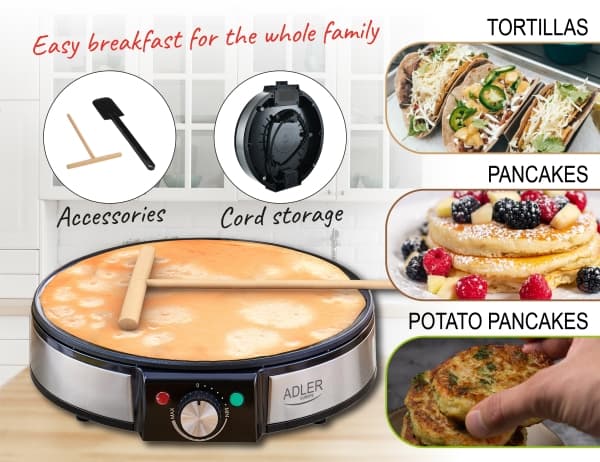 Vohvelikone Adler Crepe Maker AD 3058 1600 W, Leivonnaisten määrä 1, Crepe, Ruostumaton teräs/musta
