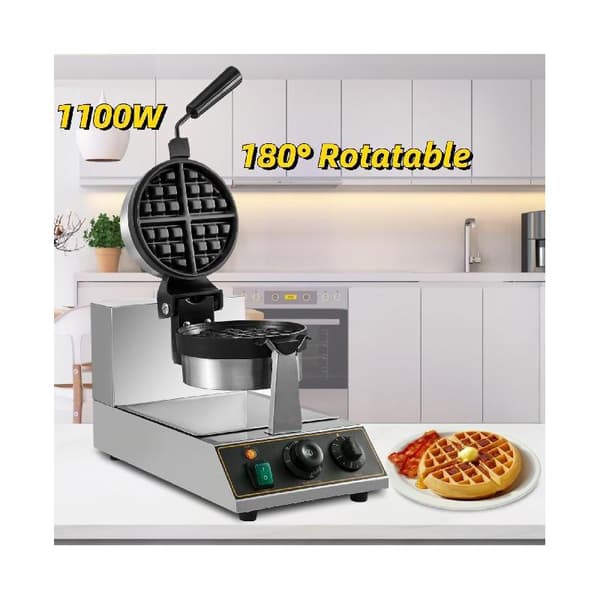 1100W 50-300°C justerbar rund våffelbryggare med 185mm diameter form, 0-5 minutes timing, 180° rotationsdesign, lätt att rengöra