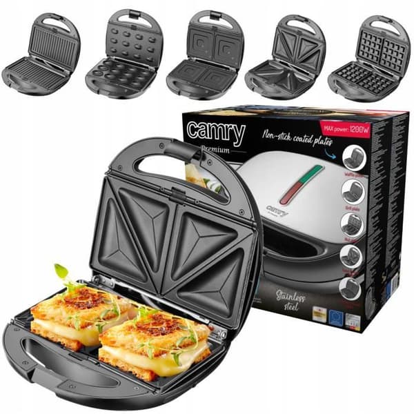 Camry 5-i-1 1200 W multifunktionsbrödrost med tallriksset, non-stick beläggning, våffelbryggare, svart och grå brödrost