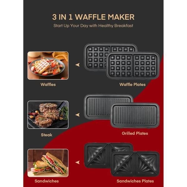 Gauffrér 3 i 1 - FOHERE - 1200W - Utbytbara plattor - Temperaturkontroll - Non-stick
