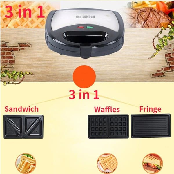 El elektrisk 3-i-1 våffeljärn croque-monsieur, sandwitchgrill grå och svart multifunktionell rostfritt stål