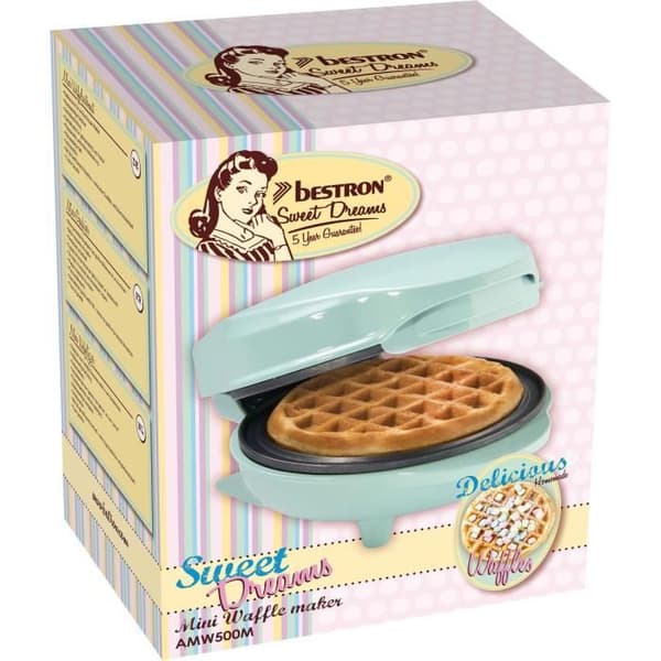 Bestron Mini våfflor för klassiska våfflor, Liten våffelbryggare med non-stick beläggning, Retro design, 550 Watt, Färg: mint