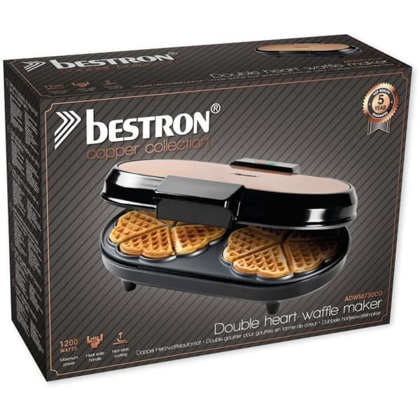 Bestron dubbel våffelbryggare för klassiska hjärtformade våfflor, våffelbryggare med matlagningsindikator &amp; non-stick beläggning, koppar