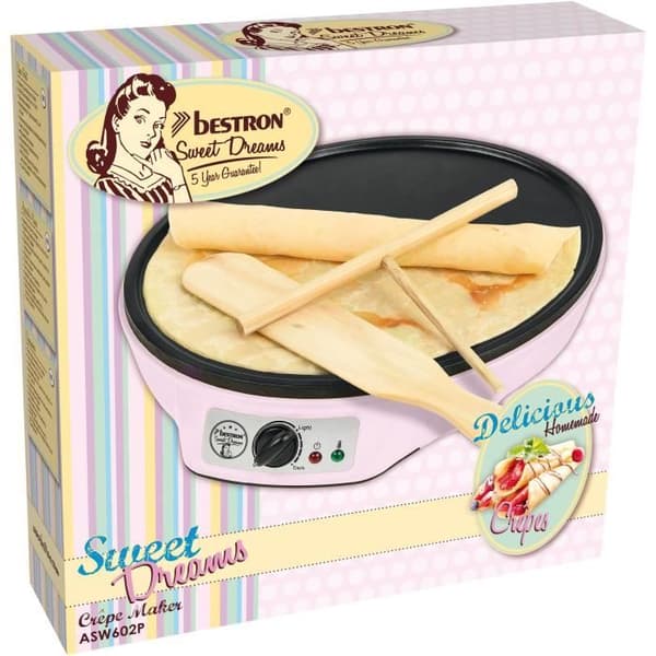 Bestron Sweet Dreams elektrisk crepemaskin - Non-stick beläggning - Ø 30 cm - 1000 W - Färg: rosa