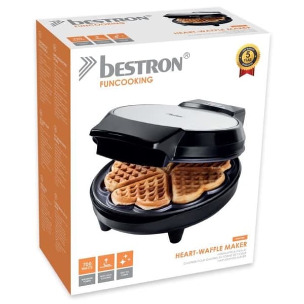 BESTRON AWM700S - Klassisk hjärtformad våffelbryggare med non-stick beläggning, 700 W, svart