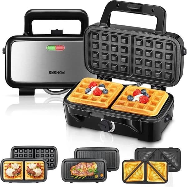 Gauffrér 3 i 1 - FOHERE - 1200W - Utbytbara plattor - Temperaturkontroll - Non-stick