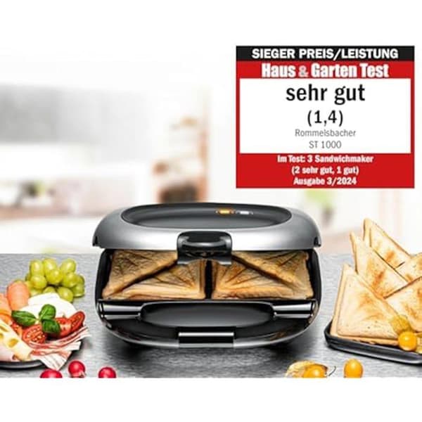 ROMMELSBACHER Smörgåsgrill ST 1000 – Extra djupa grillytor för 2 American XL-smörgåsar, beläggning