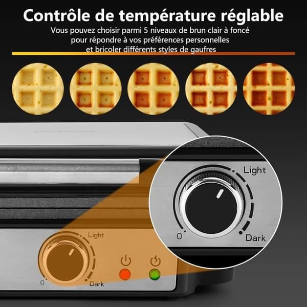 YASHE Belgisk Vaffeljern, 4 Skiver Vaffelmaskine, 1200W, Sølv/Sort