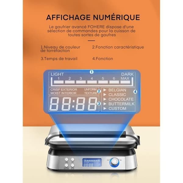 Gaufrier - FOHERE - Dubbel Intelligent Pro - 1600 W - 5 Program - Rostfritt Stål