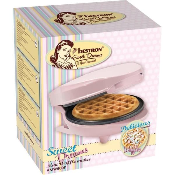 Bestron Mini våfflor för klassiska våfflor, Liten våffelbryggare med non-stick beläggning, Retro design, 550 Watt, Färg: rosa