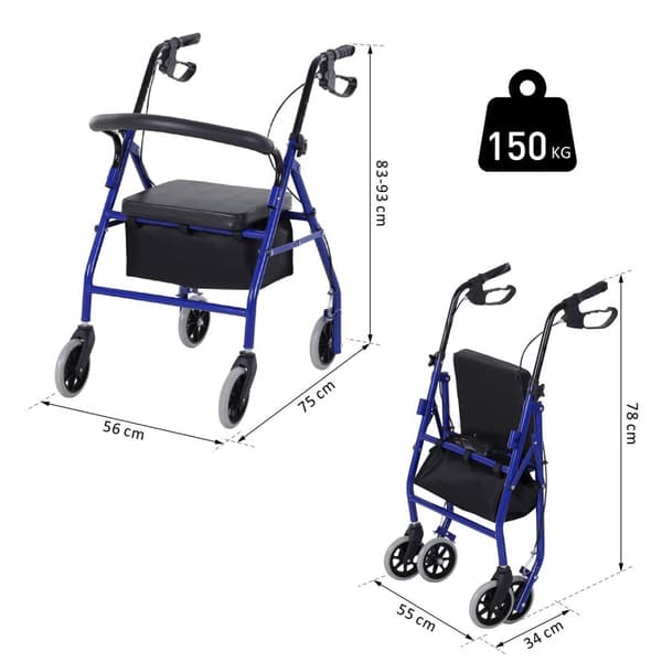 Rootz Rollator Walker - sammenfoldelig Walker - Mobility Aid - Letvægt og justerbar - 75 x 56 x 83-93 cm