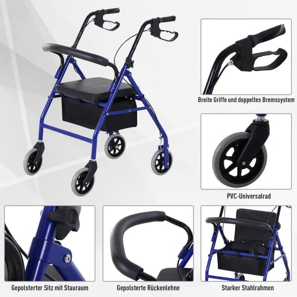 Rootz Rollator Walker - sammenfoldelig Walker - Mobility Aid - Letvægt og justerbar - 75 x 56 x 83-93 cm
