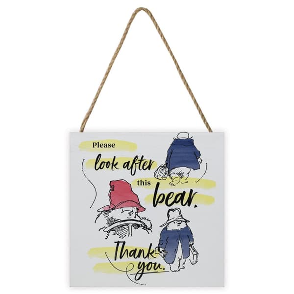 Paddington Bear Look After This Bear Wooden Plaque White/Black/Yellow 20cm x 2.7cm x 20cm