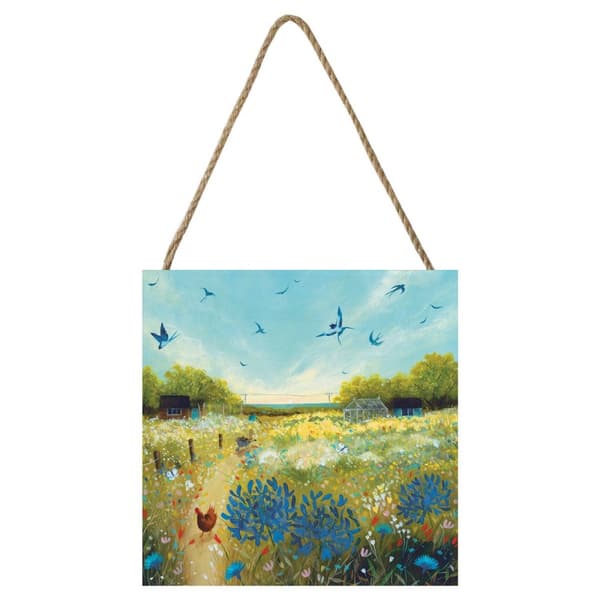 Julia Crossland Summer Meadow Wooden Block Green/Blue 20cm x 20cm x 2.7cm