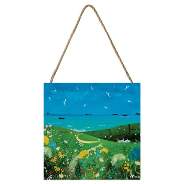 Julia Crossland Summer Cottage Wooden Block Green/Blue 20cm x 20cm x 2.7cm