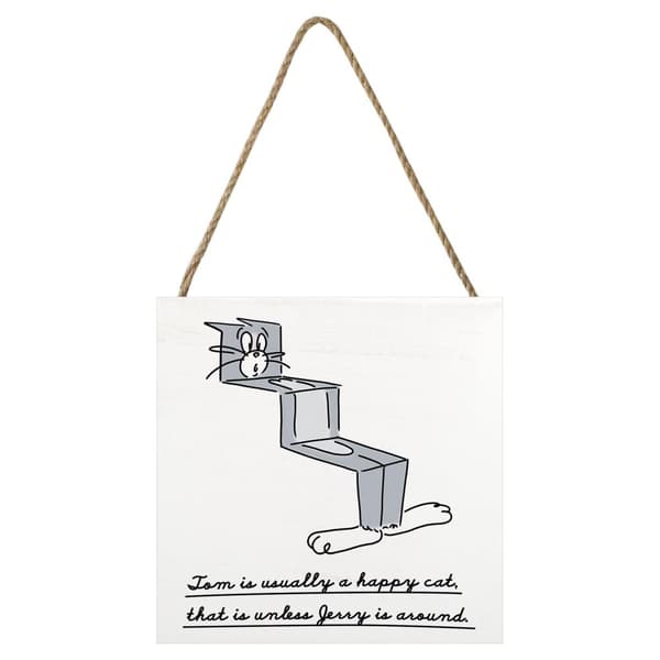 Tom and Jerry Happy Cat Wooden Block Grey/Black 20cm x 20cm