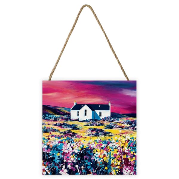 Avril Thomson Smith A Sky Of Pink Wooden Block Blue/Yellow/Pink 20cm x 20cm