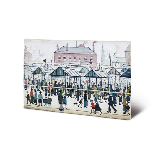 L.S. Lowry Market Scene Northern Town 1939 Wood Print Cream 20cm x 29.5cm