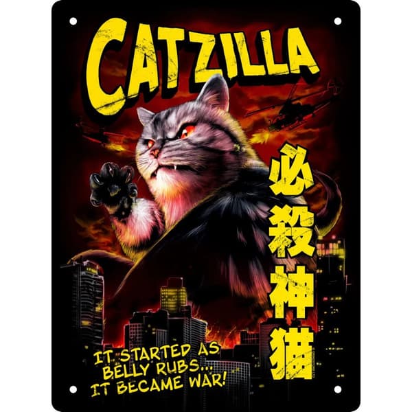 Horror Cats Catzilla Tin Plaque Multicoloured 20cm x 15cm
