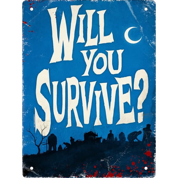 Grindstore Will You Survive? Tin Horror Plaque Blue/White 20cm x 15cm