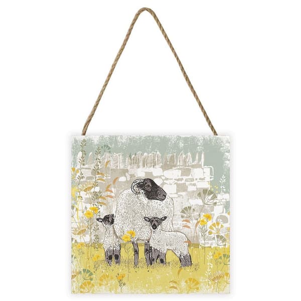 Summer Thornton Woodland Nature Sheep Wooden Block White/Grey/Yellow 20cm x 20cm