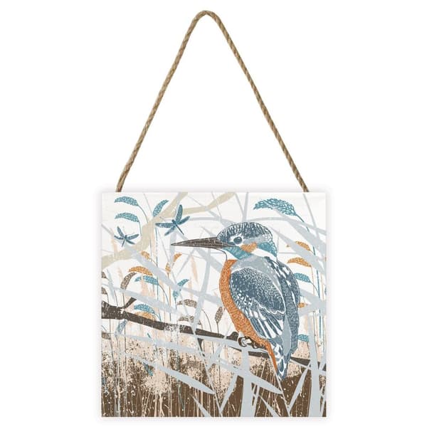 Summer Thornton Woodland Nature Kingfisher Wooden Block White/Blue/Brown 20cm x 20cm