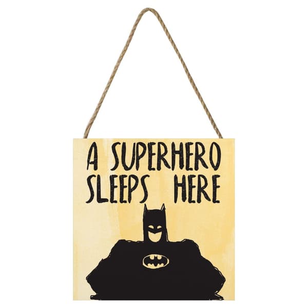 Batman A Superhero Sleeps Here Wooden Block Yellow/Black 20cm x 20cm