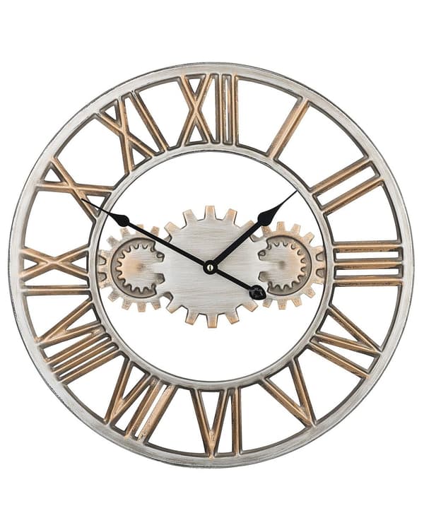 Väggklocka Silver Sliten Järnram Industriell design Kugghjul Romerska siffror Rund 46 cm