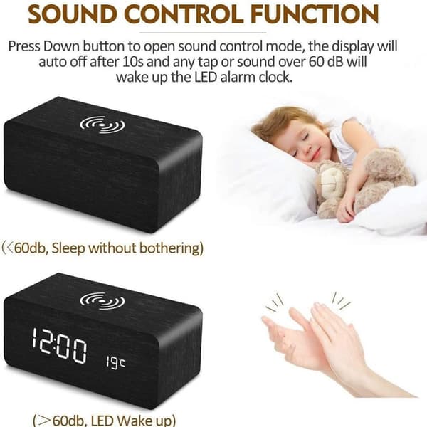 LED vækkeur med trådløs opladning Sort