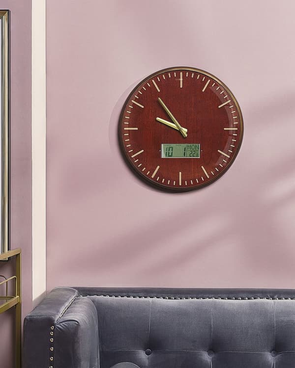 Seinäkello punaruskea MDF-levyä kultainen metallireunus 60 cm pyöreä digitaalisella näytöllä