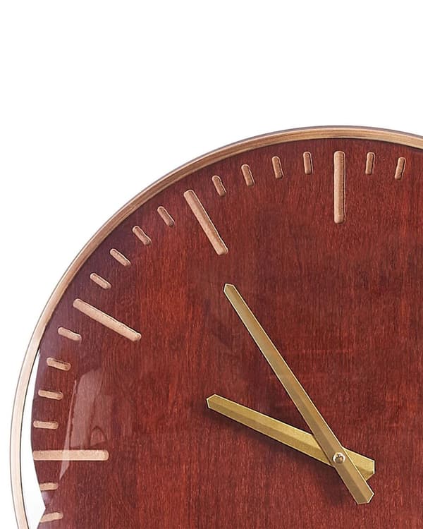 Seinäkello punaruskea MDF-levyä kultainen metallireunus 60 cm pyöreä digitaalisella näytöllä