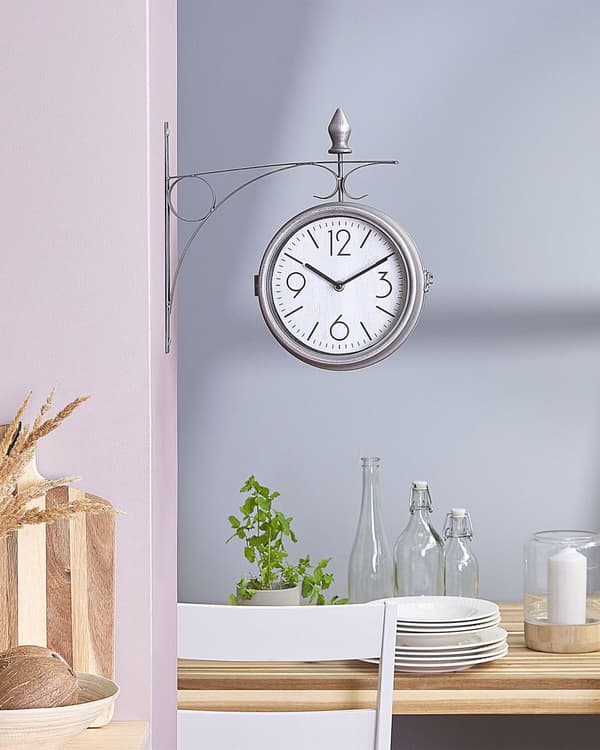 Väggklocka Silver och Vit Järn Vintage Design Tvåsidig