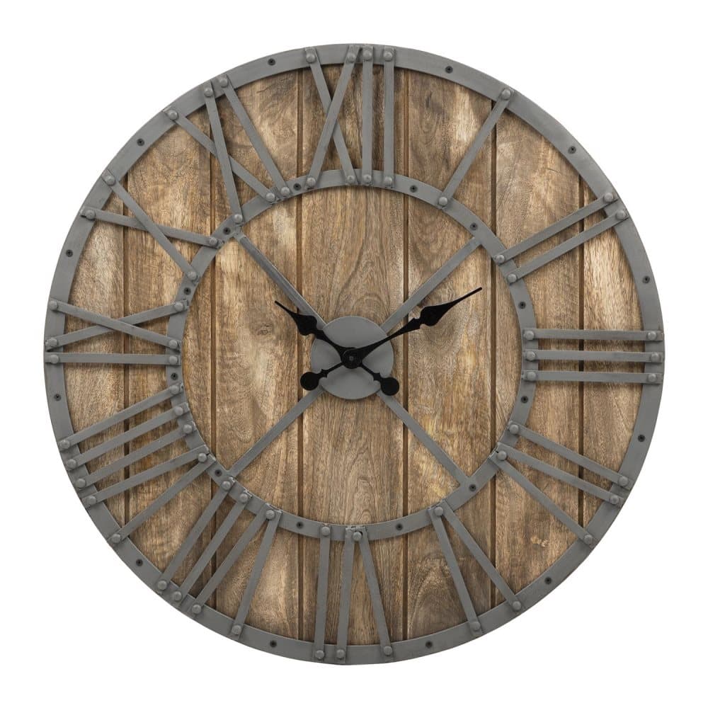 WOMO-DESIGN | Design väggklocka vindhjälm Ø 76cm rund gjord av järn och mangoträ i vintage stil, grå natur, tyst urverk utan tickande ljud